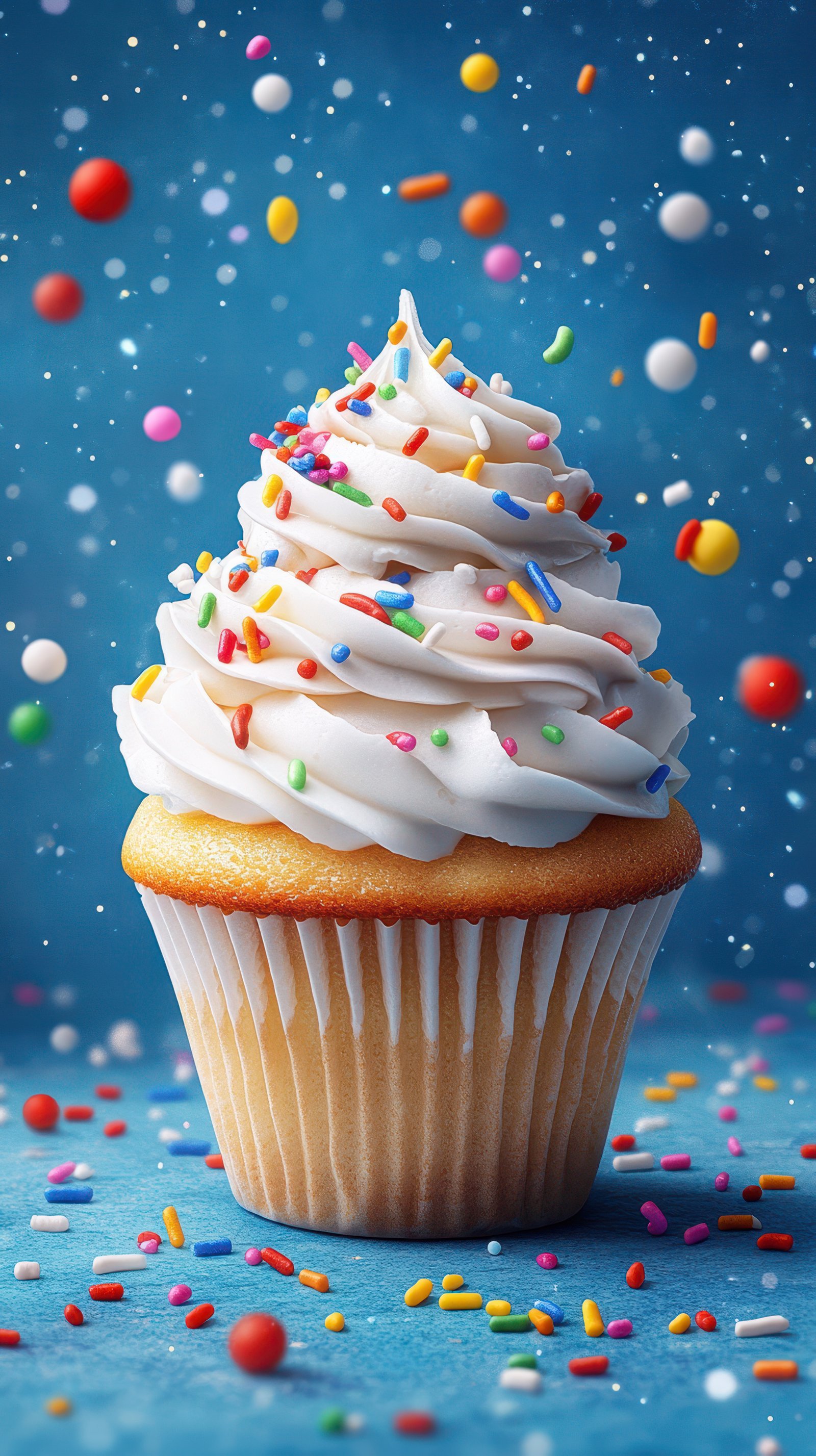 Colorful cupcake with cream frosting and sprinkles on a blue background creating a cheerful dessert atmosphere